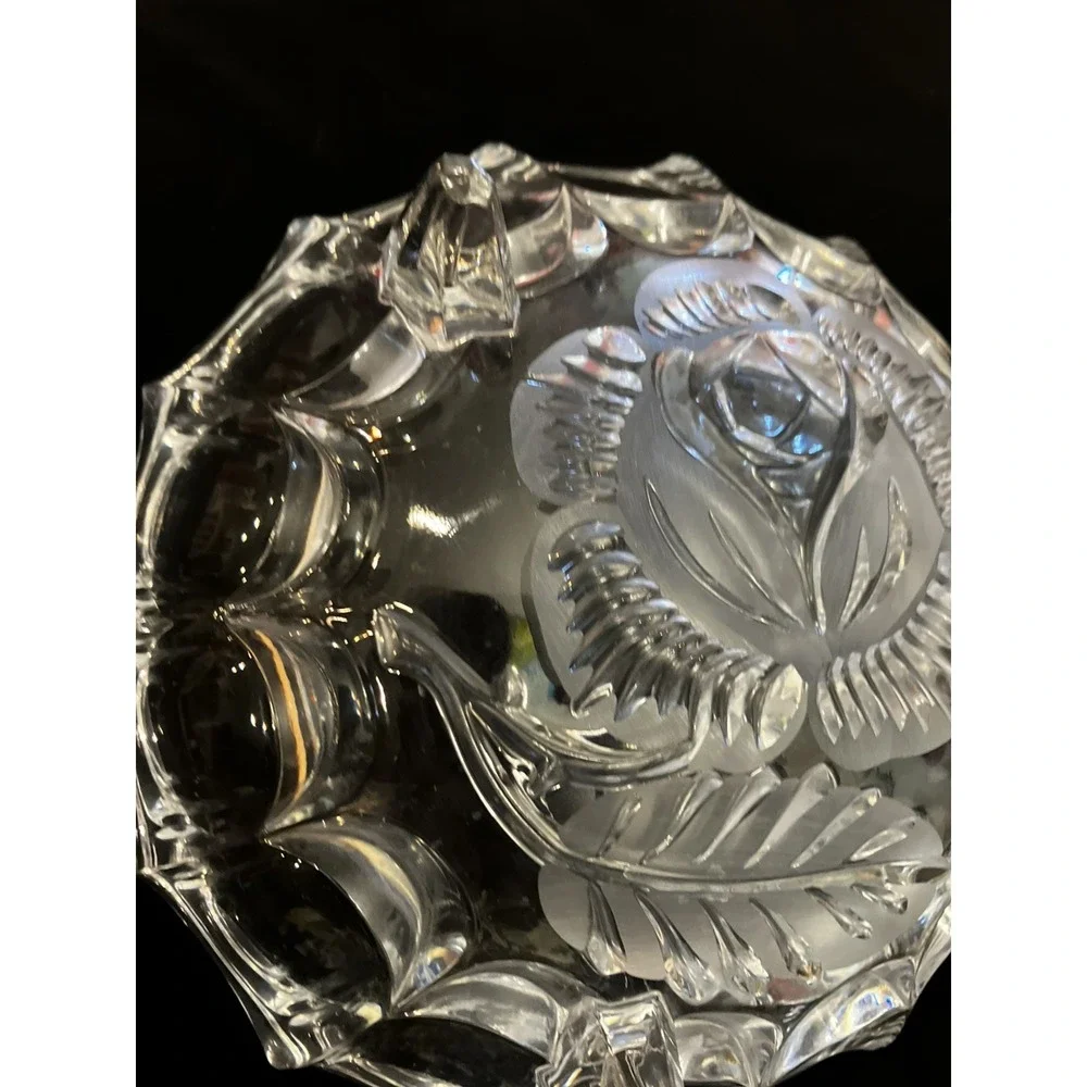 Vintage Imperlux Pressed Crystal Footed Bowl Candy Dish Fluted Edges Etched Rose